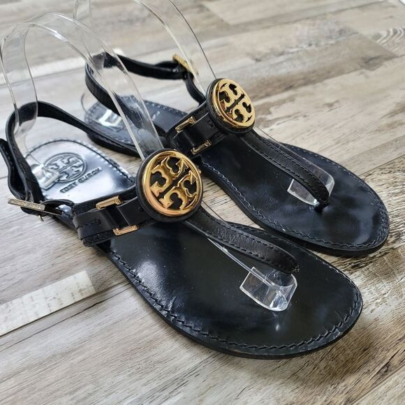 Tory Burch Cassia Black Leather Thong Sandals Size 8.5 - Picture 1 of 9